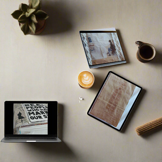 Collage of people using laptops and tablets in various settings with a textured background.